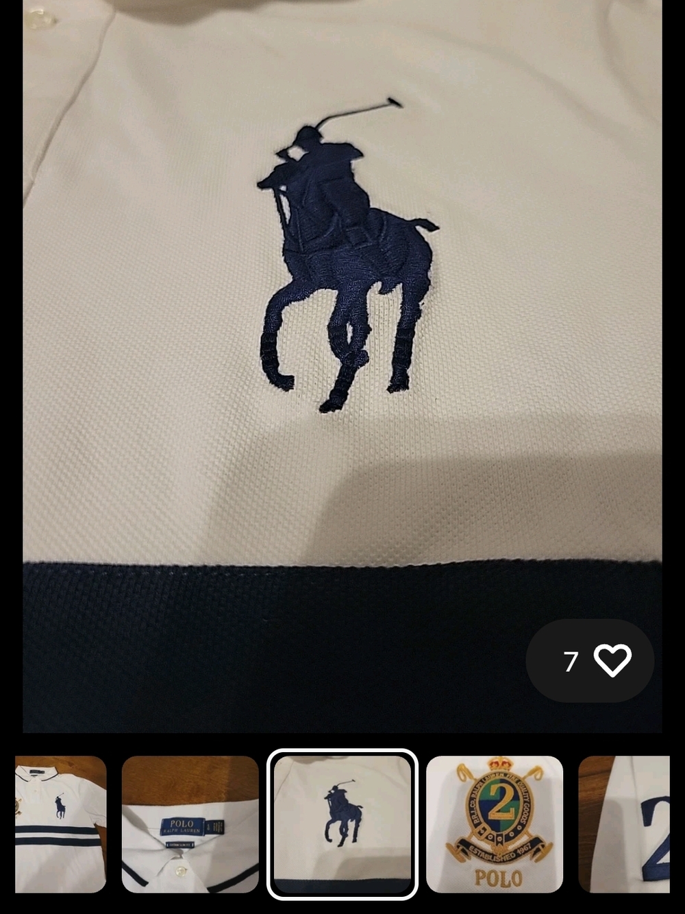 Ralph Lauren White Polo Shirt with Navy Stripes & Pony Logo - Picture 6 of 10